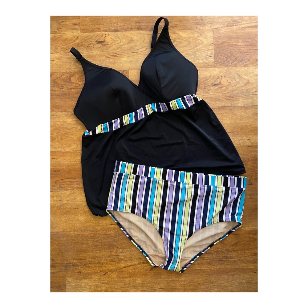 Black Swimsuit with colorful strip bottoms